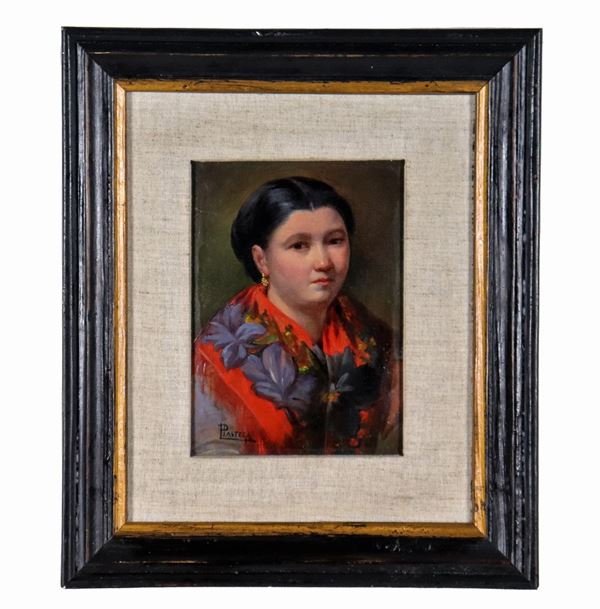 Luigi Pastega - Signed. "Portrait of a young common woman", small oil painting on cardboard