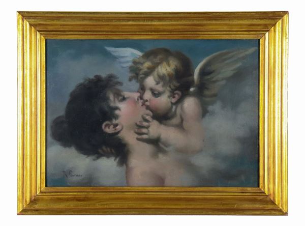 Roberto Fontana - Signed. "Il bacio dell'Amorino", small oil painting on canvas applied to cardboard