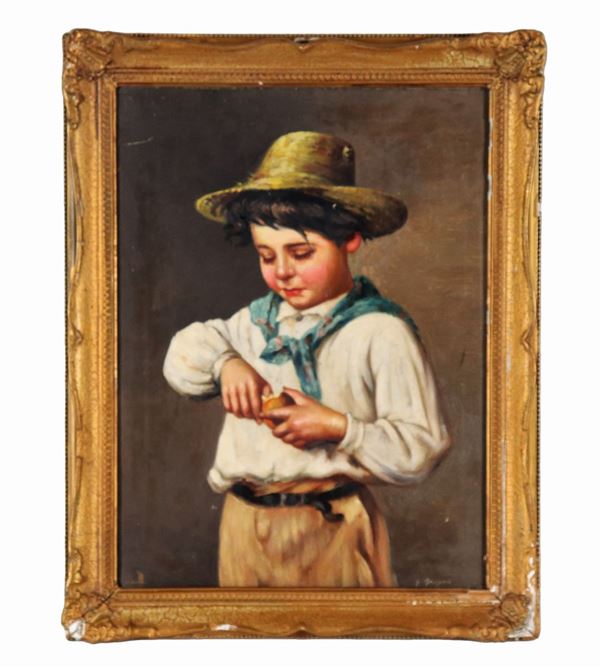 Pittore Italiano Fine XIX Secolo - Signed. "Scugnizzo peeling the orange", small oil painting on canvas