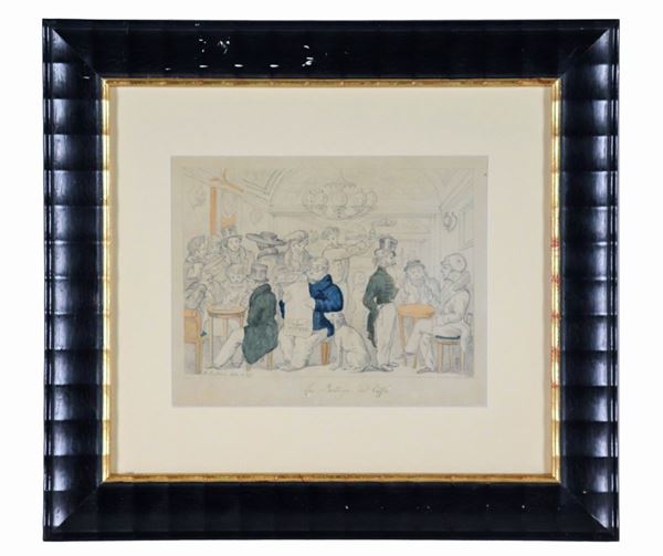 Pittore Europeo Fine XIX Secolo - Signed. "La bottega del caffè", small drawing in pencil and watercolor on paper