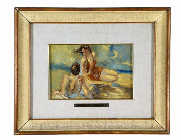 Pittore Spagnolo XX Secolo - "After the bath ..... the chat" small oil sketch 19 x 26 cm