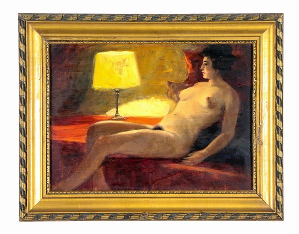 Cafiero Filippelli - Signed and dated 1930. "Interior of alcove with nude girl", small oil painting on tablet