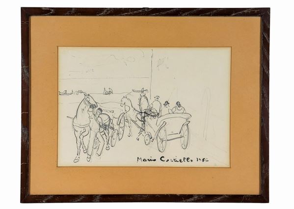 Mario Cortiello - Firmato e datato 1956. "Passeggiata in carrozzella" disegno a china e matita su carta cm 35 x 45 