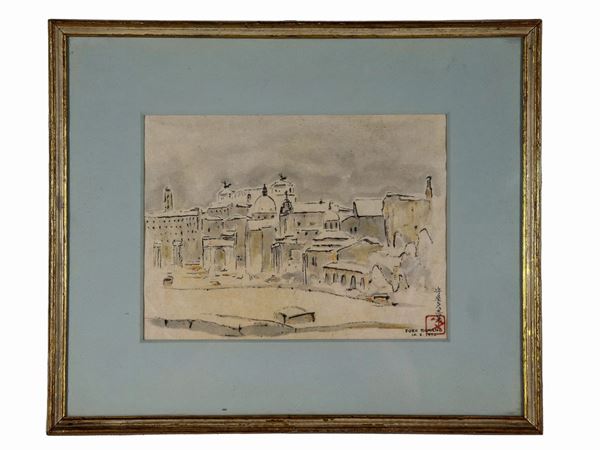 Pittore Inizio XX Secolo - Signed and dated 1956. "Roman Forum" drawing in ink and watercolor on paper 34 x 41 cm
