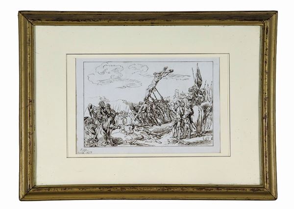 Camillo Gioja (XIX Secolo) - Signed and dated Rome 1878. "Crucifixion", ink drawing on paper