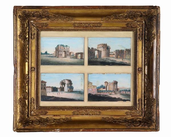 Pittore Italiano Inizio XIX Secolo - "Monuments and Ruins of Ancient Rome", four small tempera on paper in a single gilded wood frame