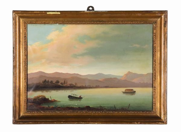 Angelo Mauri (Pittore Italiano Met&#224; XIX Secolo) - Signed and dated 1858 on the back of the frame. "View of the lake with fishing boats", small oil painting on canvas