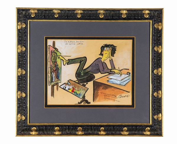 Pittore Arte Contemporanea - Signed and dated 1948. "The difficult position of the painter critic" mixed technique on paper 25 x 30 cm