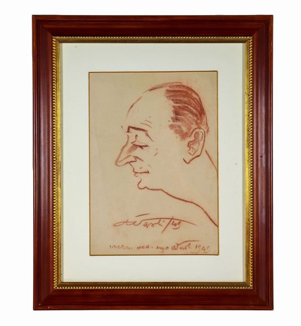 Ugo Attardi - Signed and dated 1943. "Profile of a man" charcoal drawing on paper 32 x 23 cm