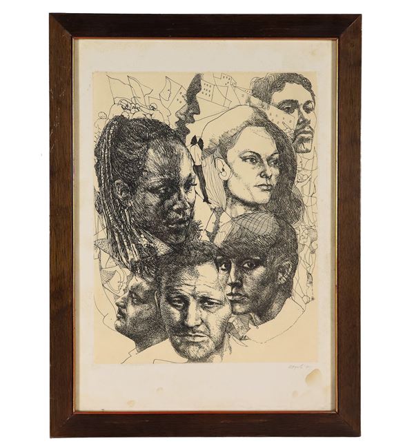 Ugo Attardi - Signed and dated 1981. "Faces of characters" drawing in china and ink on paper 50 x 35 cm