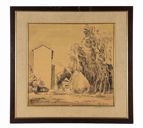 Raffaele De Grada - Firmato. "Paesaggio di campagna con covoni" disegno a china e acquarello su carta cm 34 x 36