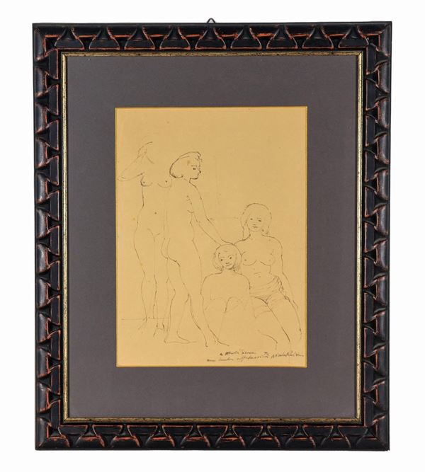 Pittore Contemporaneo - Firmato e dedicato. "Nudi di ragazze" disegno a china su carta cm 36 x 26 