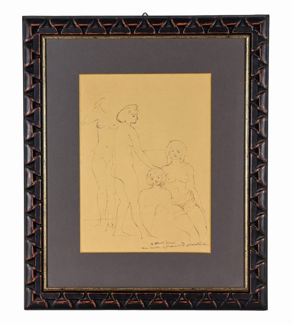Pittore Contemporaneo - Signed and dedicated. "Nudes of girls" drawing in ink on paper 36 x 26 cm