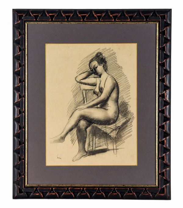 Pittore Contemporaneo - Signed. "Nude of girl with chair" drawing in pencil and charcoal on paper 38 x 28 cm