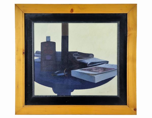 Dino Boschi - Firmato e datato 1980. "Piano di tavolo con libri e bottiglia" tecnica mista su tela cm 35 x 40
