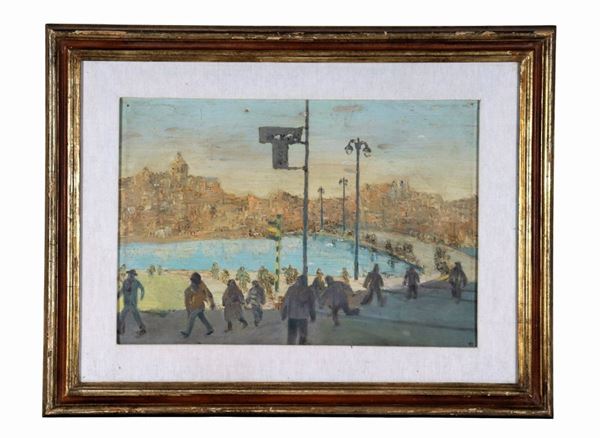 Pittore Contemporaneo - "City view with figures and small lake" oil on plywood 35 x 50 cm
