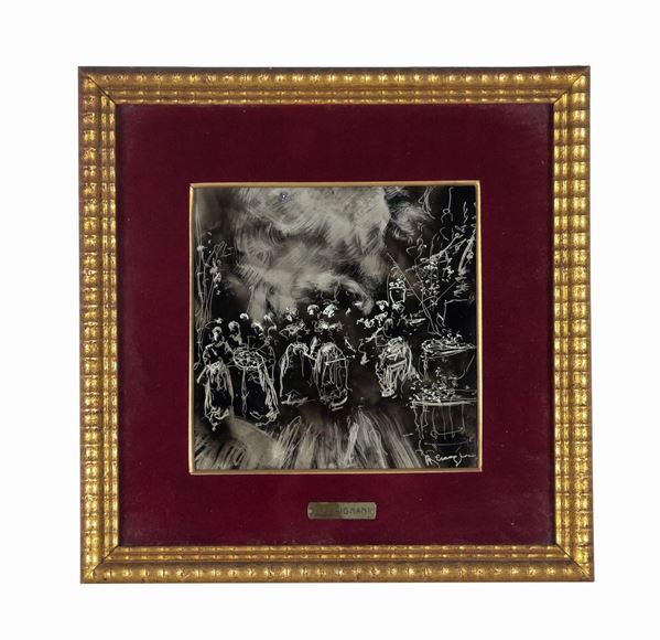 Roberto Carignani - Firmata. "La festa" mattonella dipinta a china e smalto cm 20 x 20 