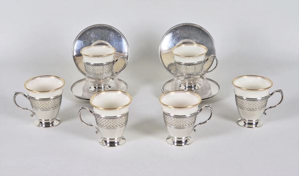 Lot of six cups with saucers in 925 Sterling silver and porcelain, gr. 820