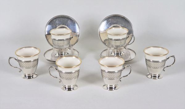 Lot of six cups with saucers in 925 Sterling silver and porcelain, gr. 820
