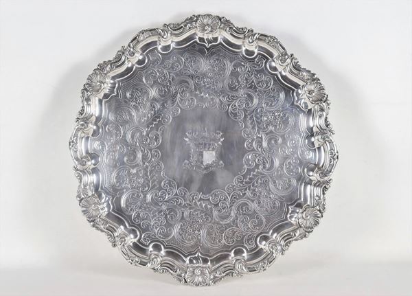 Large sheffield salver, with ribbed, embossed and chiseled edge with shell and scroll motifs