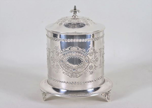 Antique English Sheffield cookie jar, entirely chiseled and embossed with Adam motifs