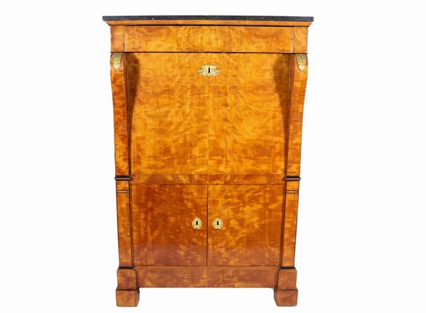 Empire period secretaire, veneered in veined cherry with trimmings in gilded and chiseled bronze, top in black Belgian marble