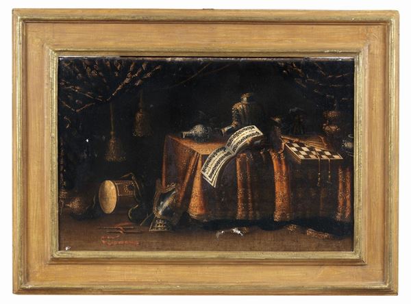 Scuola Lombarda Fine XVII - Inizio XVIII Secolo - "Natura morta con spartito, strumenti musicali e armature", dipinto ad olio su tela