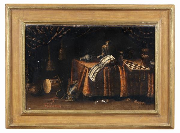 Scuola Lombarda Fine XVII - Inizio XVIII Secolo - "Still life with sheet music, musical instruments and armor", oil painting on canvas