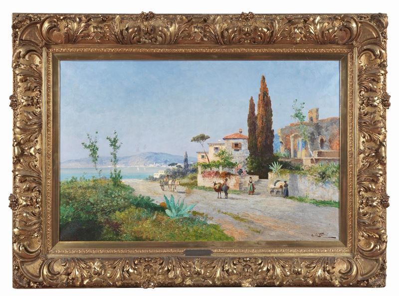 Firmato. "Scorcio della Costiera Sorrentina con contadini e carretto", dipinto ad olio su tela