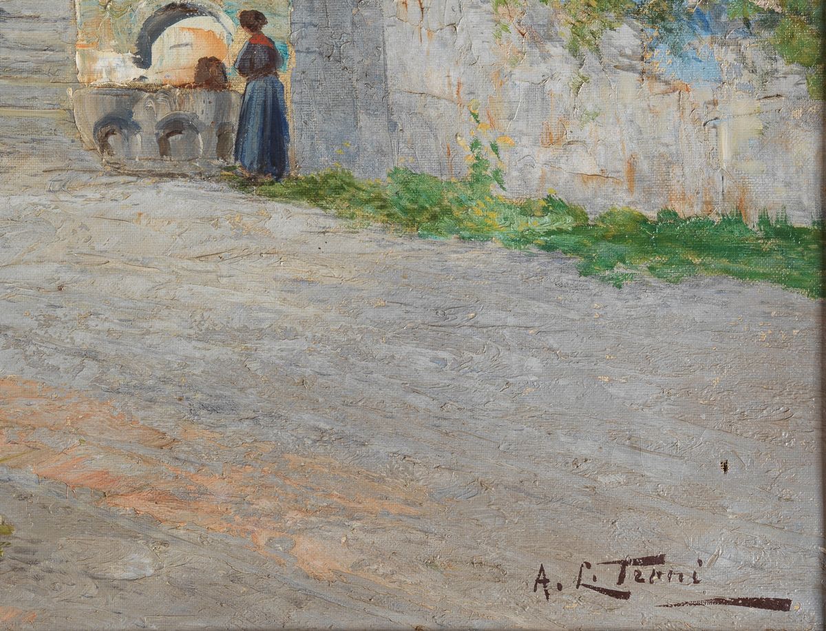 Firmato. "Scorcio della Costiera Sorrentina con contadini e carretto", dipinto ad olio su tela