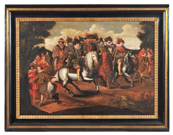 Scuola Francese Fine XVII - Inizio XVIII Secolo - "L'arrivo dei cavalieri prima della battaglia", dipinto ad olio su rame applicato a tavola