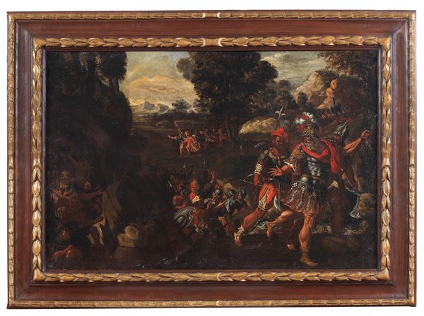 Scuola Italiana Fine XVII Secolo - "Landscape with battle scene", oil painting on canvas