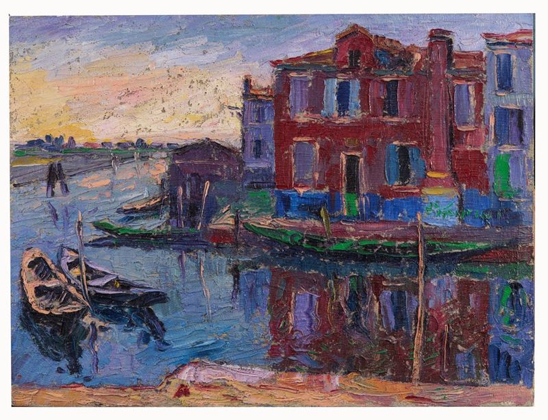 Firmato sul retro. "Tramonto a Burano" olio su cartone cm 60 x 80