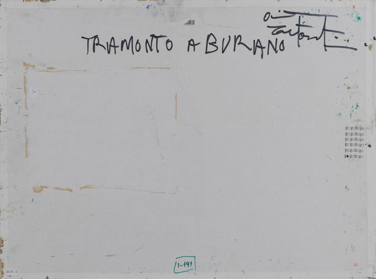 Firmato sul retro. "Tramonto a Burano" olio su cartone cm 60 x 80