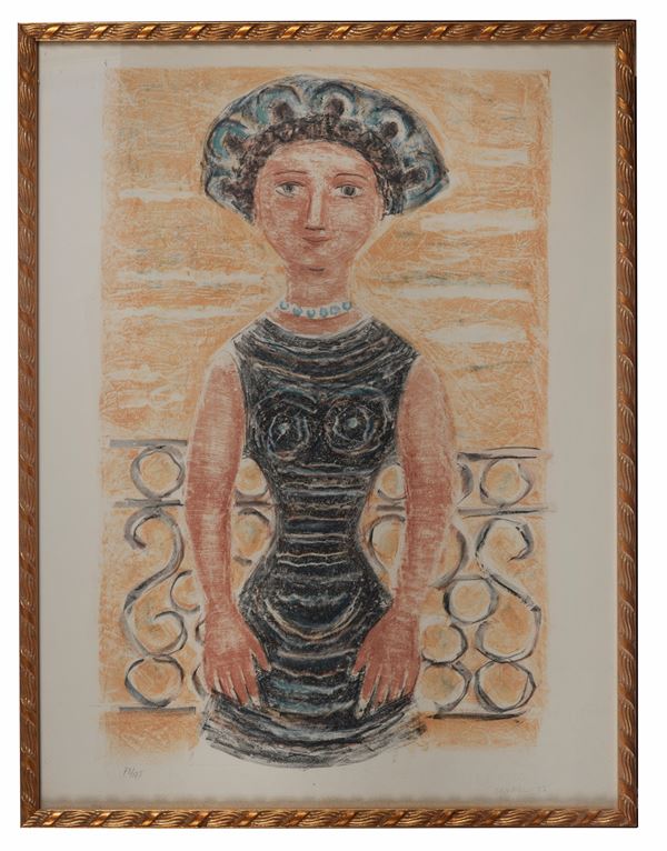 Massimo Campigli - Signed and dated 1956. "Portrait of a woman" multiple color lithograph 73/175 cm 75 x 49