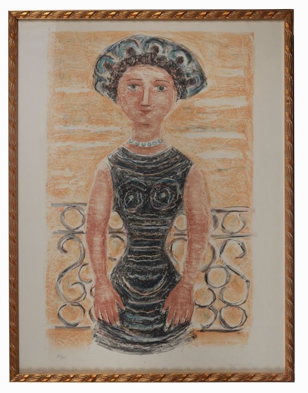 Massimo Campigli - Signed and dated 1956. "Portrait of a woman" multiple color lithograph 73/175 cm 75 x 49