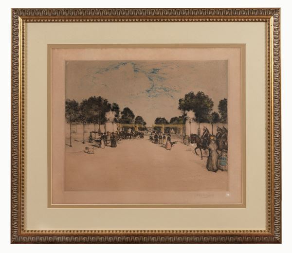 Jean Francois Raffaelli - Firmato. 'Passeggiata ai Giardini delle Tuileries' litografia a colori su carta cm 45 x 55