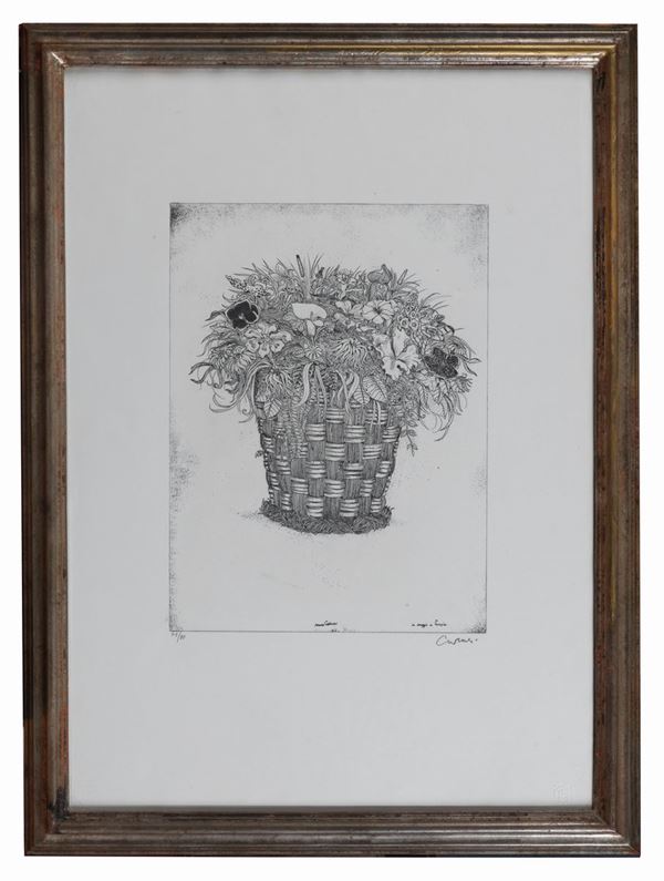 Bruno Caruso - Signed. "Basket with flowers" lithograph on multiple paper 75/80 cm 40 x 30