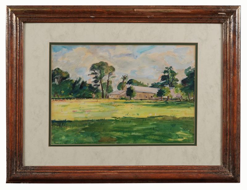 Firmata e datata 1951. "Fattoria Dramferé" tempera su cartoncino cm 35 x 50