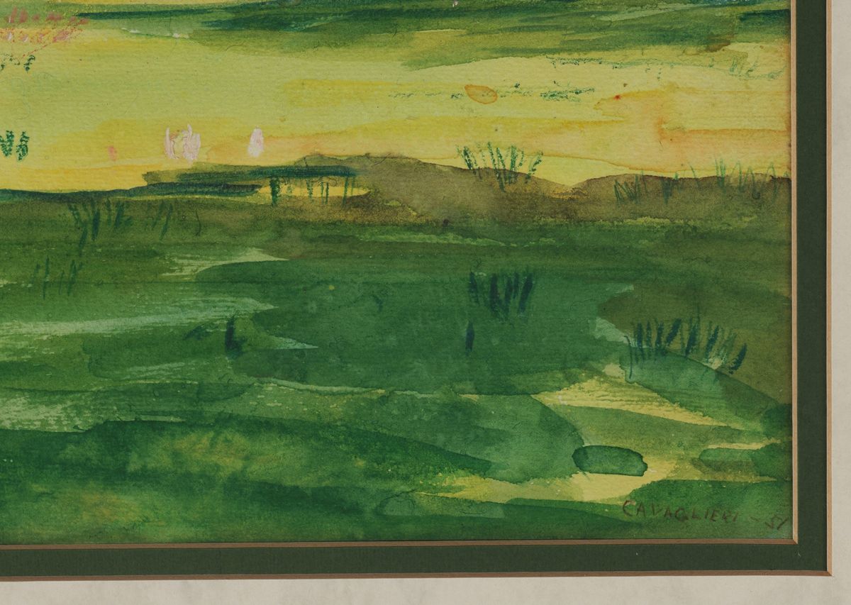 Firmata e datata 1951. "Fattoria Dramferé" tempera su cartoncino cm 35 x 50