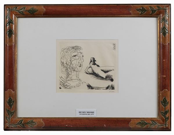 Henry Moore - Signed. "Head of girl and reclining figure" multiple etching 42/50 cm 26 x 30