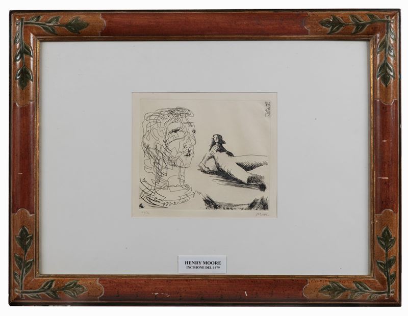 Firmata. "Head of girl and reclining figure" acquaforte multiplo 42/50 cm 26 x 30