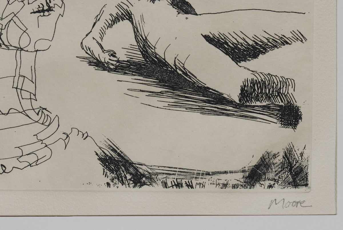 Firmata. "Head of girl and reclining figure" acquaforte multiplo 42/50 cm 26 x 30