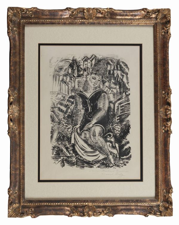 Raoul Dufy - Firmata con dedica. "Baigneuse devant un port" litografia su carta cm 60 x 45