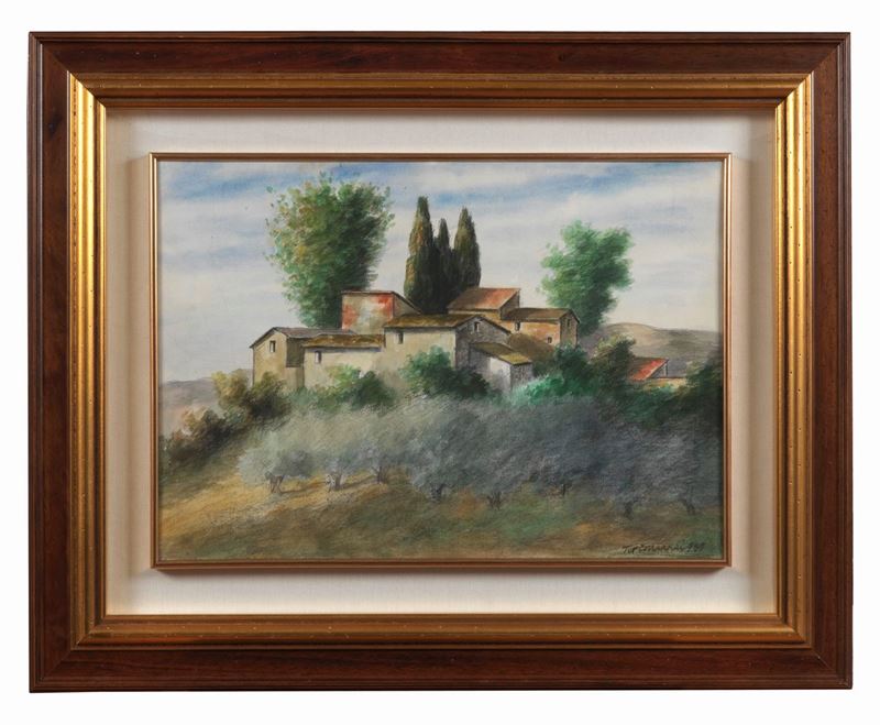 Firmato e datato 1985. "Case nel Chianti" acquarello su carta cm 50 x 70