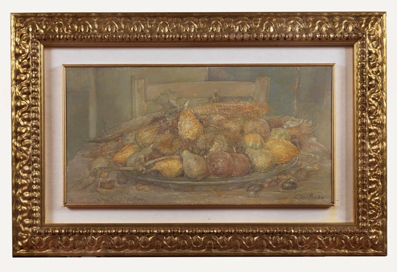 Firmato. "Cestino con zucchine" olio su tela cm 40 x 80