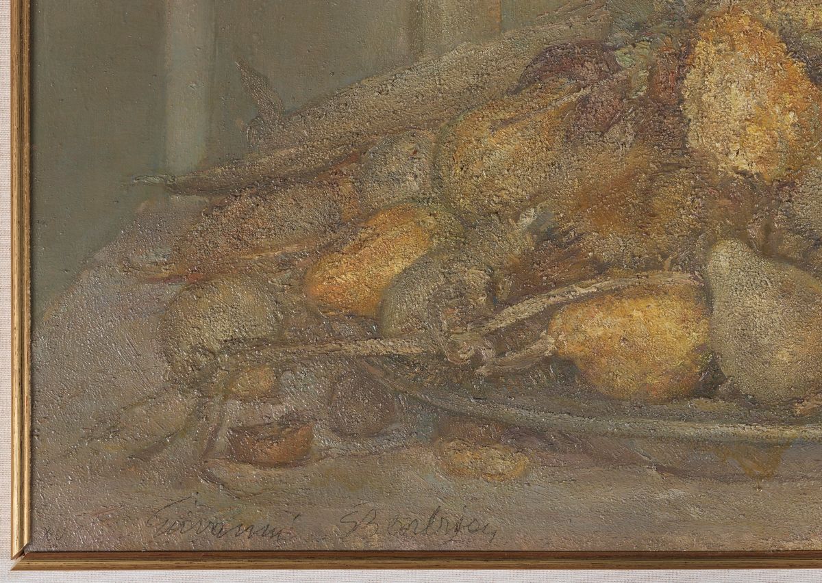 Firmato. "Cestino con zucchine" olio su tela cm 40 x 80
