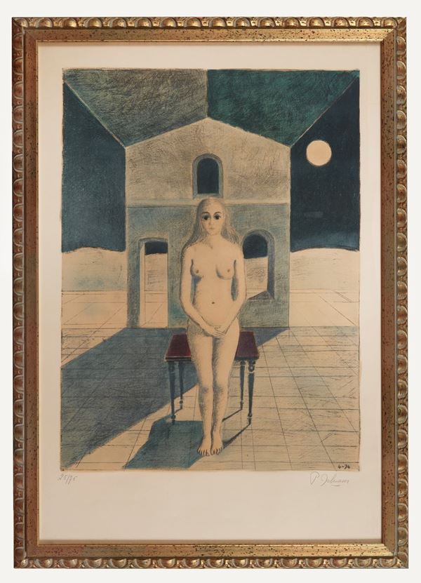 Paul Delvaux - Firmata. "Nudo di donna" litografia a colori multiplo 25/75 cm 100 x 70