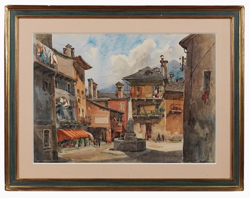 Firmato e datato 1961. "Piazzetta a Domodossola" acquarello su carta cm 50 x 70