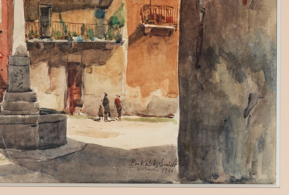 Firmato e datato 1961. "Piazzetta a Domodossola" acquarello su carta cm 50 x 70